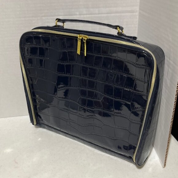 Estee Lauder Navy Blue Faux Crocodile Leather Cosmetic Zip Train Travel Case Bag - Picture 13 of 16